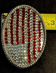 Red White Crystals Rhinestones USA American Flag Large Silver Oval Belt Buckle