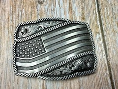 Waving American Flag Patriotic Silver Color Rope Border Western NOS Belt Buckle