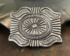 Western Silver Belt Buckle Concho Style Engraved Cowboy Rodeo Design