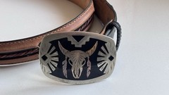 Southwestern Bull Buffalo Skull Cowboy Buckle Leather Justin Fenced Belt Sz 38