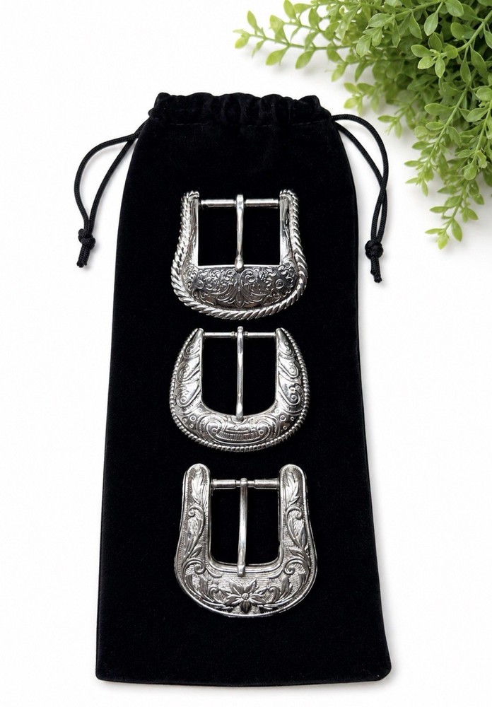 Lot 3 Western Vintage Style Engraved Belt Buckles Silver Tone Floral Scroll