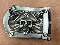 Pirate Skull Crossbones with Crossed Swords 3D Raised Silver Tone Belt Buckle