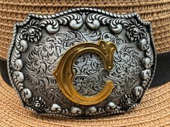 Antiqued Silver Gold Initial C Rectangle Western Cowboy Floral Vine Belt Buckle