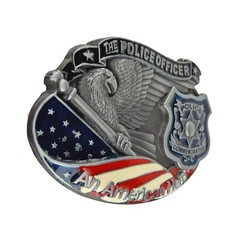 Police Officer Hero Belt Buckle Silver Tone Fits 1.5 inch Belts Enamel U.S. Flag