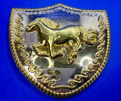 Running Galloping Horse Shield with Sparkling Rhinestones Reflective Belt Buckle