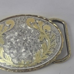 Vintage Western Belt Buckle Silver Gold Tone Floral Filigree Engraved Oval USA