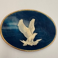 Incolay Stone Eagle Belt Buckle Blue White Marbled Handcrafted USA Vintage Oval