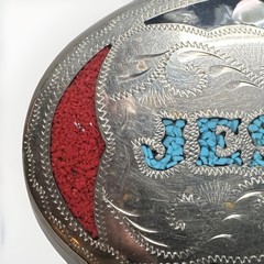 Vintage Western Oval Engraved Floral Belt Buckle w/ Inlay, “JESSIE” Fits 1.5 in