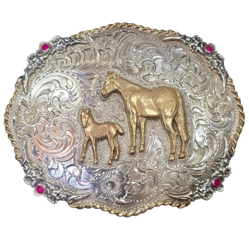 Vintage Silverado Sterling Silver Red Stones Brass Belt Buckle 121g Horse Foal