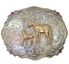 Vintage Silverado Sterling Silver Red Stones Brass Belt Buckle 121g Horse Foal