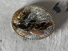 Crumrine Belt Buckle 3.75 x 3 in Horse Trio Oval Silver Engraved Gold 1.75