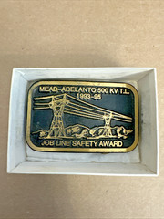 Vtg Solid Brass Belt Buckle Mead-Adelanto 500 KV T.L. Job Line Construction Dyna