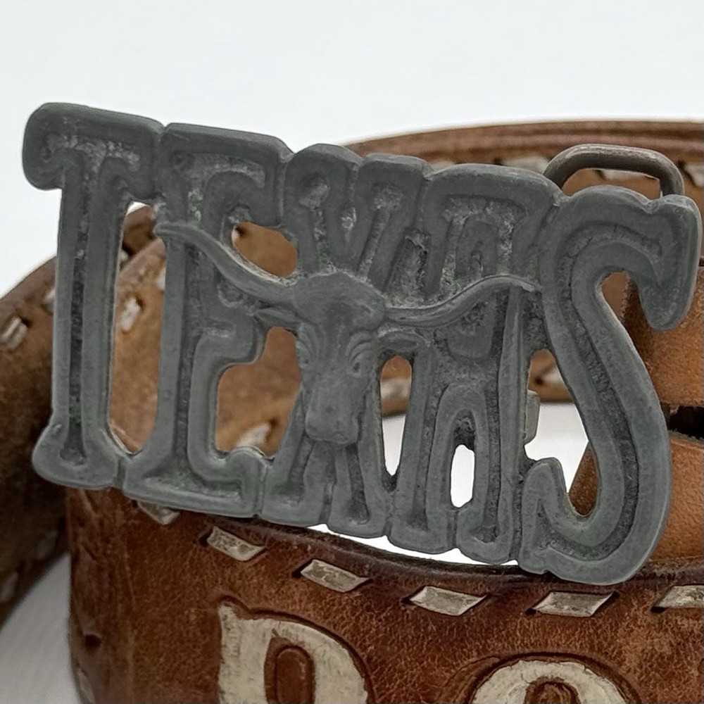 Leather Belt Hand-Tooled Floral Motif with Large Metal TEXAS Belt Belt Buckle