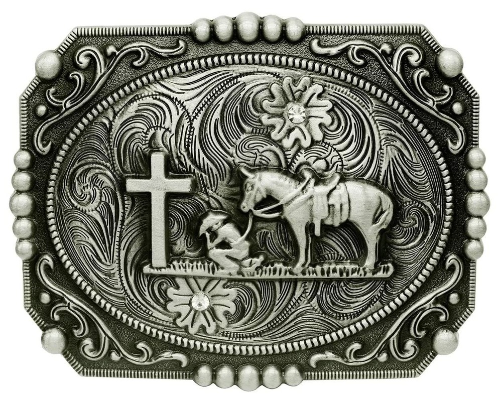 Religion Cross Cowboy Kneeling Prayer And Horse Design Belt Buckle