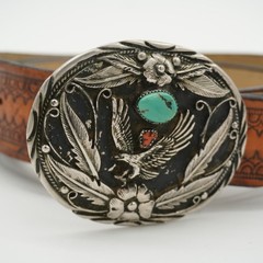 S.S.I Native American Eagle Floral Belt Buckle With Turquoise And Coral Stone