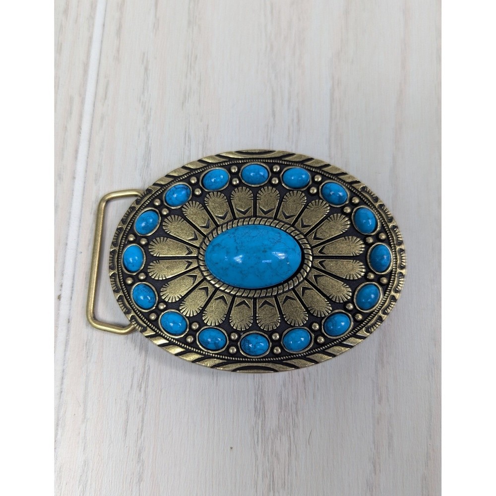 Belt Buckle Blue Faux Turquoise Western Oval Antiqued Gold Tone