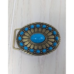Belt Buckle Blue Faux Turquoise Western Oval Antiqued Gold Tone