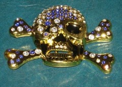 NEW Skull and Cross Bone Belt Buckle w/ BLUE Rhinestones & Gold Finish 4&Prime; Wide