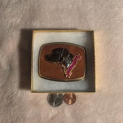 Vintage Metal Belt Buckle, Leather and Brass, Pointer Dog, Puppy, Canine, Nice