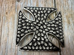 Celtic Iron Cross Shaped with Engraved Tiny Skulls Gothic Cutout Belt Buckle