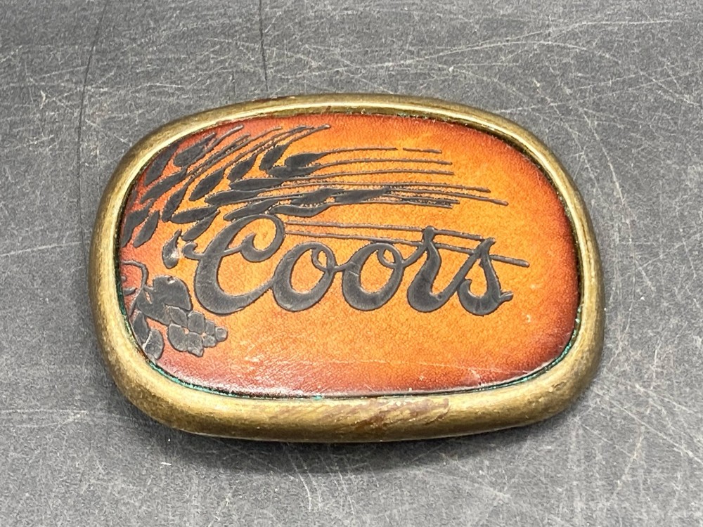 Vintage Coors Banquet Beer Brass & Leather Belt Buckle