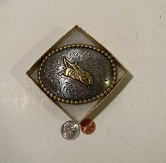 Vintage Metal Belt Buckle, Brass and Silver, Bronco Busting, Horse Riding, Cow
