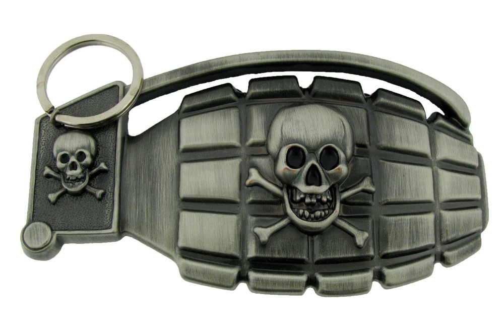 Grenade Belt Buckle US Military Memorial Veteran Day Gift Skull Crossbones Gray