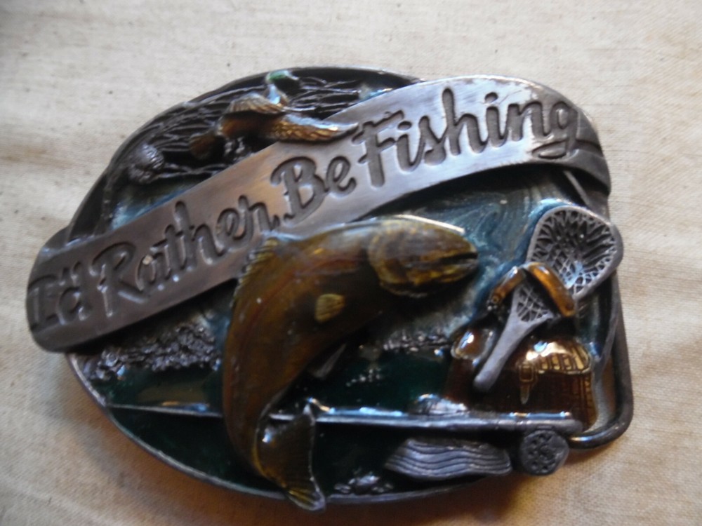 Vintage Enamel Belt Buckle I&rsquo;d Rather Be Fishing