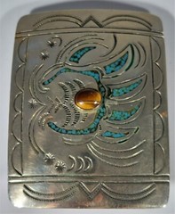 Navajo CK belt buckle bear claw stamped turq inlay cat&rsquo;s eye cab 3&Prime; by 2 1/4&Prime;