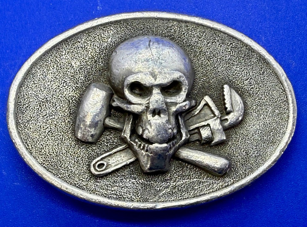 Mechanic Skull Crossed Wrench Hammer Tool Solid Fine Pewter Belt Buckle