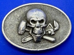 Mechanic Skull Crossed Wrench Hammer Tool Solid Fine Pewter Belt Buckle