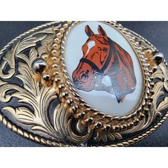 Vintage Brass Horse Head Belt Buckle with Porcelain Cameo 3.25&Prime; Western
