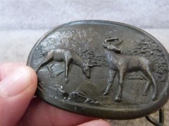 VINTAGE Whitetail Deer Doe & Buck Belt Buckle Indiana Metal Craft Brass 3&Prime;