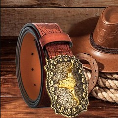 Western Cowboy-Belts for Men Big-Buckle Longhorn-Bull PU-Leather Rodeo Cowgir…