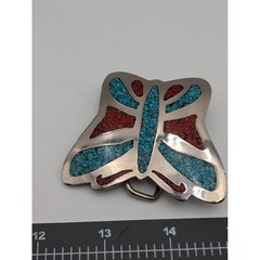 Unisex Belt Buckle OS Butterfly Turquoise Coral Chip Inlay