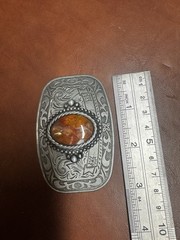 Boho Western Belt Buckle Jasper Stone Silver Tone Engraved Vintage- Rodeo