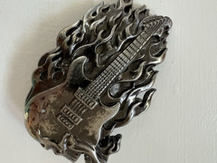 3D Flaming Skull Guitar Heavy METAL Biker Silver-tone Belt Buckle Rock & Roll