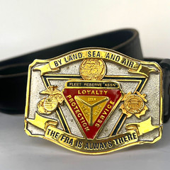 Rare Vintage 1995 Made in USA 3D “By Land Sea Air” Belt Buckle + Leather Belt 46