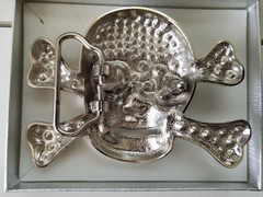 Skull & Crossbones Silver Heavy Metal Belt Buckle with Aqua & White Rhinestones