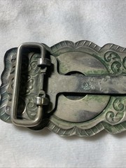 NICKEL SILVER BELL Vintage 1925 Peace Dollar Coin Ornate Belt Buckle 3.25×1.25&Prime;