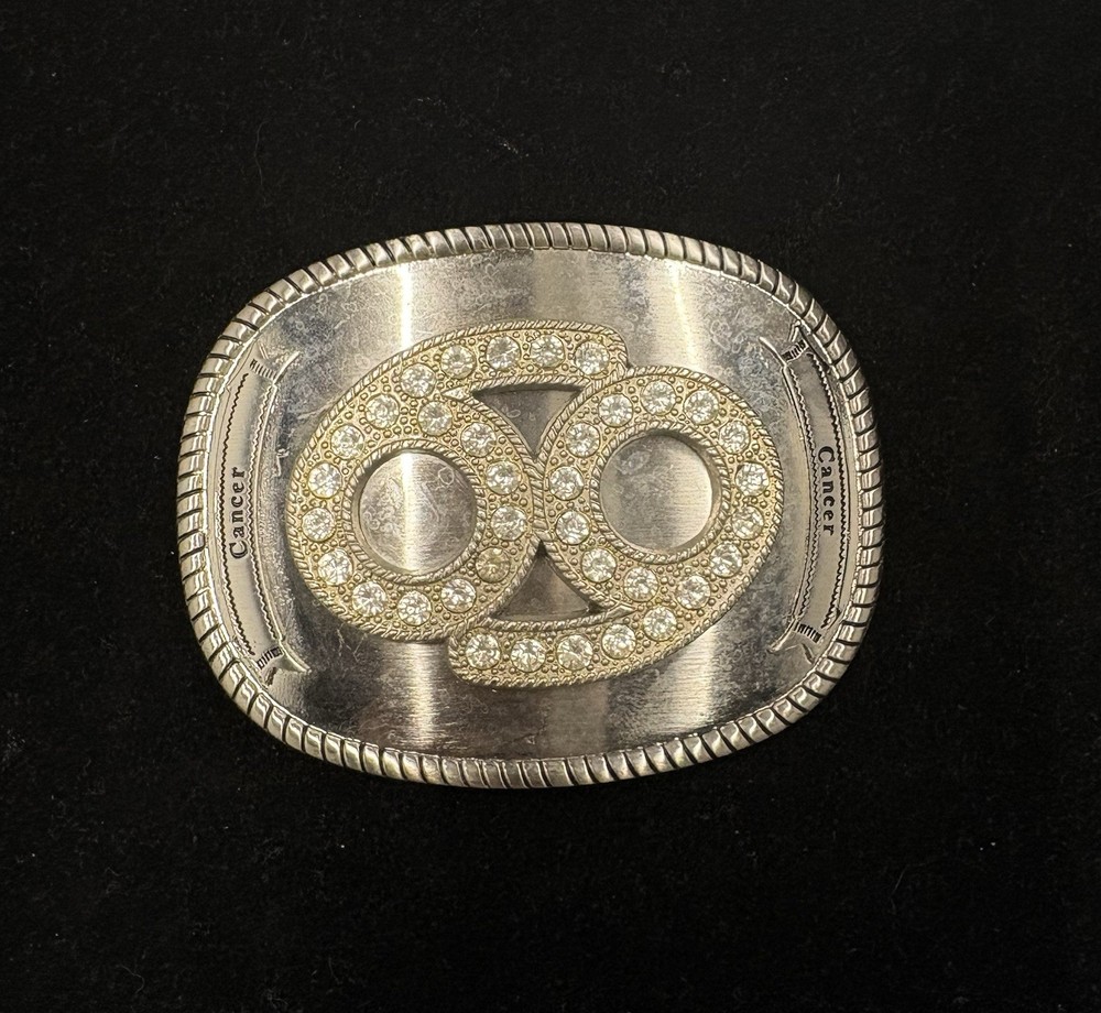 Vintage Cancer zodiac sign belt buckle silver plated oval design mirror finish
