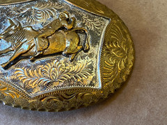 Vtg GERMAN SILVER Rodeo WESTERN Horse BELT BUCKLE Sterling Silver Plate GoldTone