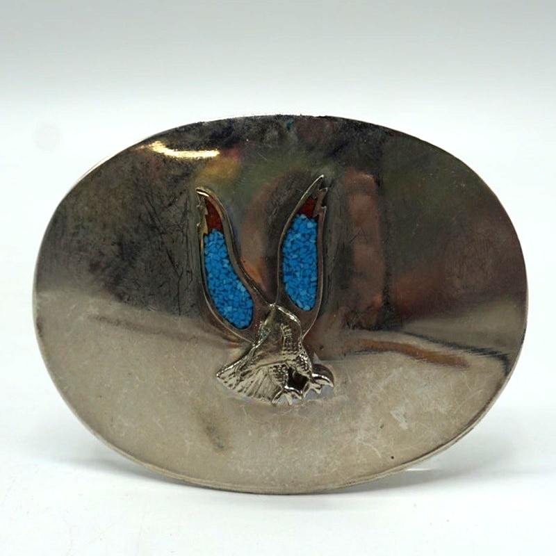 Vintage Eagle Belt Buckle Silver Tone Oval Turquoise Red Inlay Western Fits 2in