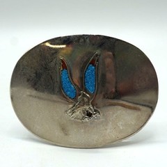 Vintage Eagle Belt Buckle Silver Tone Oval Turquoise Red Inlay Western Fits 2in