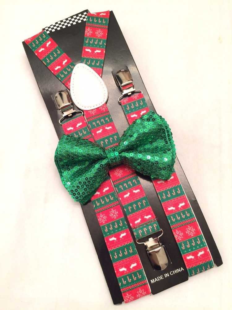 Holiday Christmas Suspenders Bowtie Set Reindeer Xmas Tree Candy Cane Green