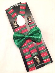 Holiday Christmas Suspenders Bowtie Set Reindeer Xmas Tree Candy Cane Green