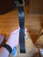 Vintage Just-O-Belt Black Tooled Leather W/ Silver Tone Buckle W Saddle 34&Prime; Long