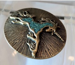 VINTAGE- BRASS ?TURQUOISE INLAY UNICORN BELT BUCKLE/RARE HALLMARK/GUCCi?/UNISEX
