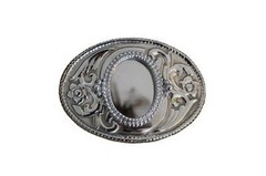 Vintage Western Belt Buckle Floral Engraved Oval Rope Edge Silver Tone Metal USA