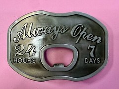 Always Open 24 / 7 Belt Buckle and Bottle Opener – Perfect Bar Pickup Line!